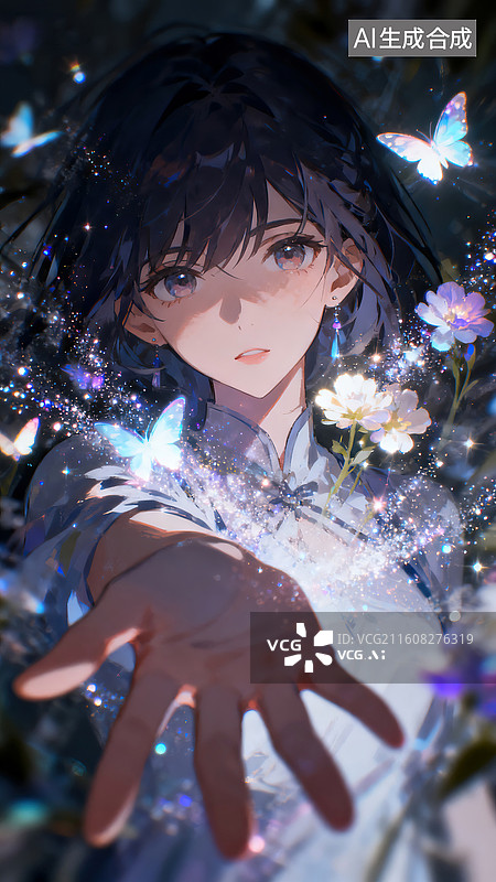 【AI数字艺术】黑夜中向你伸来手的少女手绘插画图片素材