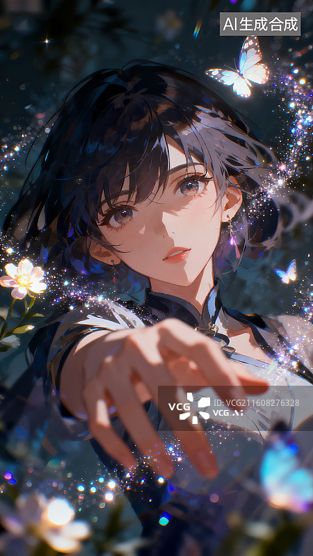 【AI数字艺术】黑夜中向你伸来手的少女手绘插画图片素材