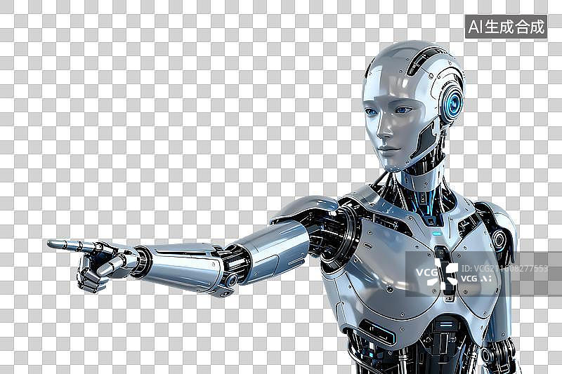 【AI数字艺术】机器人指向特定方向引导观众视线动作PNG免抠素材图片素材