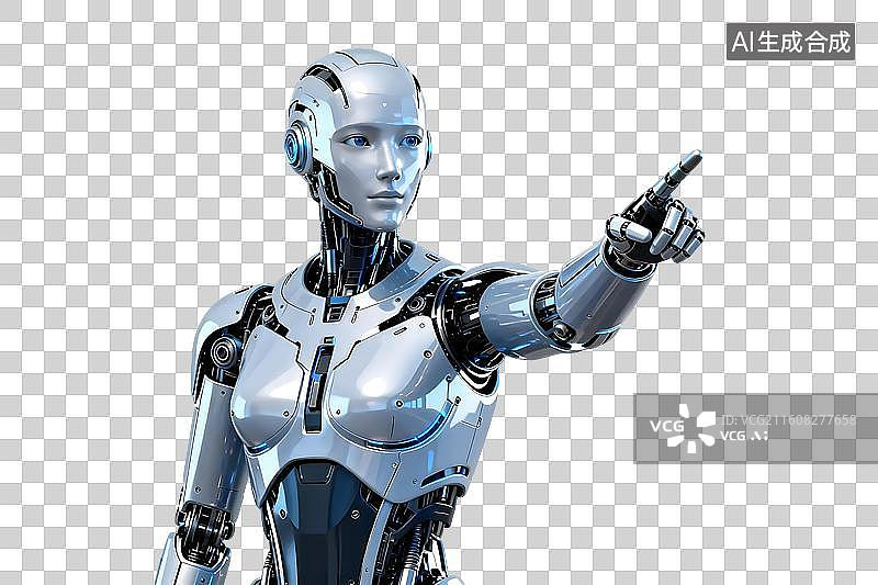 【AI数字艺术】机器人指向特定方向引导观众视线动作PNG免抠素材图片素材