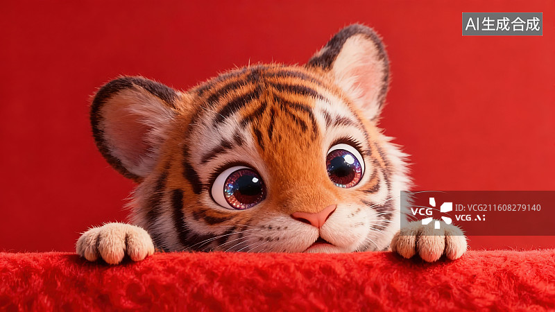 【AI数字艺术】红色背景下卡通萌系十二生肖小老虎趴在墙上探出头看，新年春节喜庆节日卡通形象背景图片素材