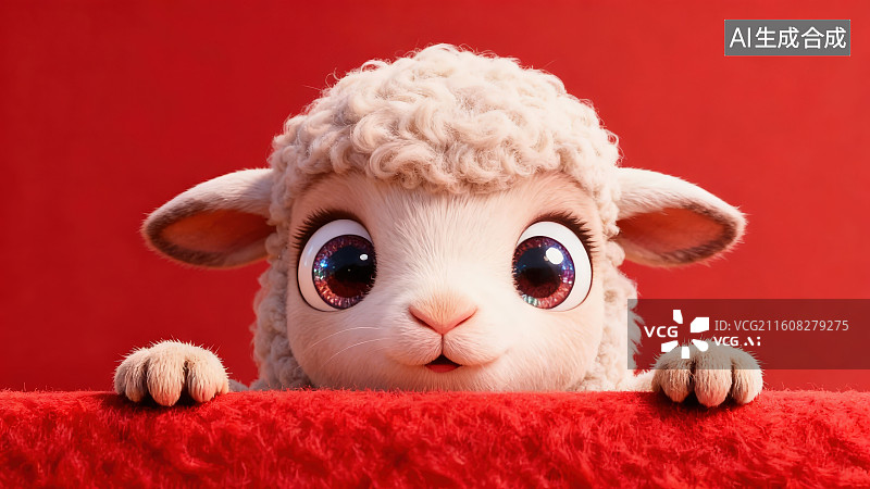 【AI数字艺术】红色背景下卡通萌系十二生肖小羊趴在墙上探出头看，新年春节喜庆节日卡通形象背景图片素材