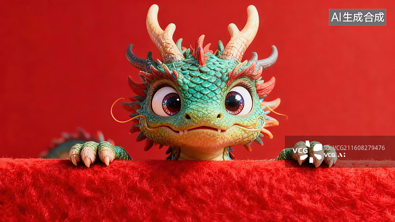 【AI数字艺术】红色背景下卡通萌系十二生肖龙趴在墙上探出头看，新年春节喜庆节日卡通形象背景图片素材