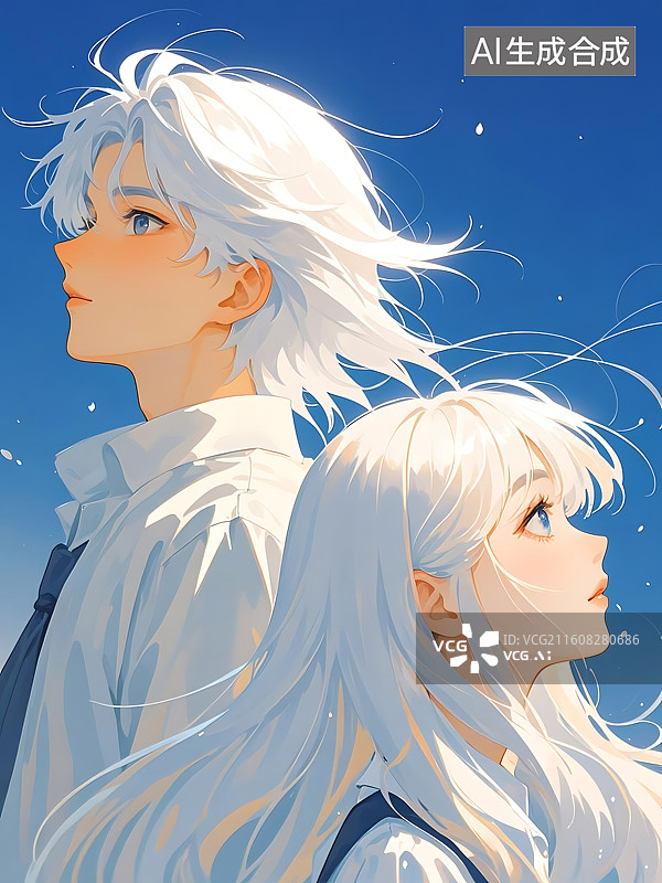 【AI数字艺术】仰望天空的两位动漫人物图片素材