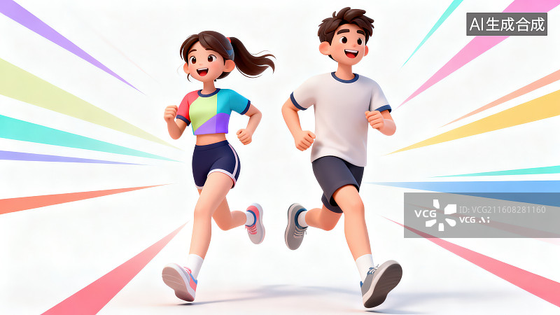 【AI数字艺术】白色背景下活力少年正在跑步场景，运动青春校园卡通人物插画背景图片素材