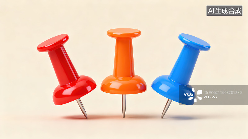 【AI数字艺术】纯色背景下的红橙蓝色图钉工字钉，办公文具创意装饰桌面元素背景图片素材