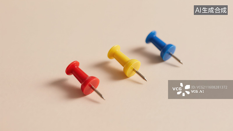【AI数字艺术】纯色背景下的红橙蓝色图钉工字钉，办公文具创意装饰桌面元素背景图片素材