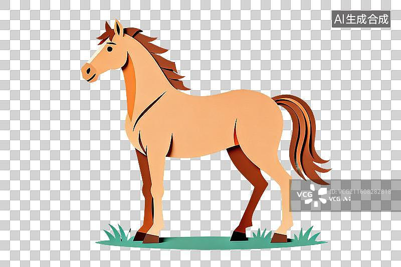 【AI数字艺术】卡通风格，草地上站着一匹高大的骏马PNG格式的免扣元素图片素材