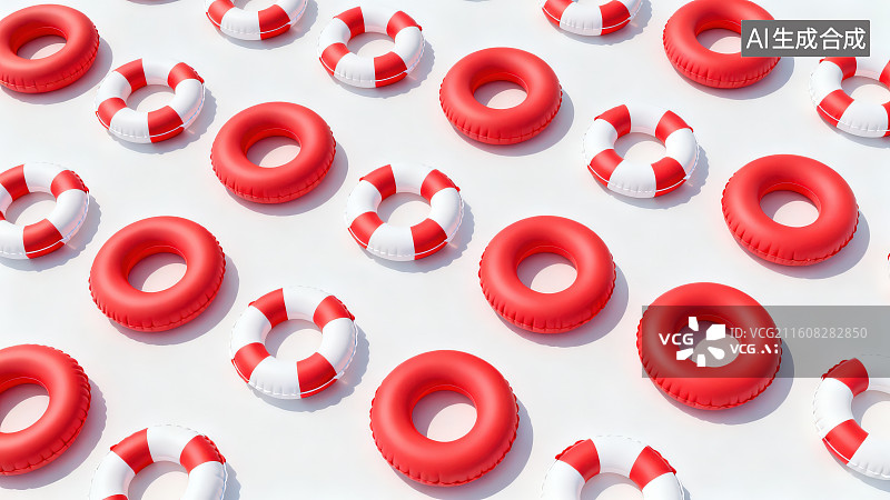 【AI数字艺术】卡通3D立体红色游泳圈图标排列装饰元素无缝图案背景，游泳圈符号节日设计素材背景图片素材