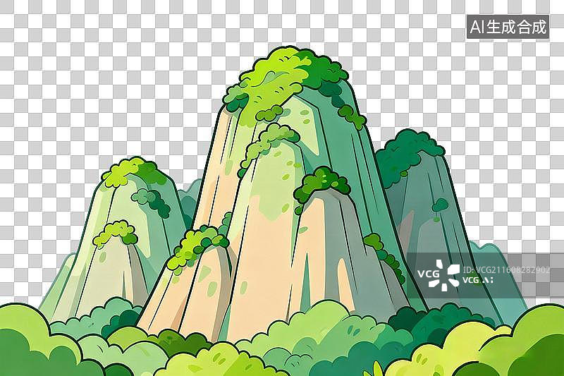 【AI数字艺术】卡通风格，几座植被茂盛山峰PNG格式的免扣元素图片素材