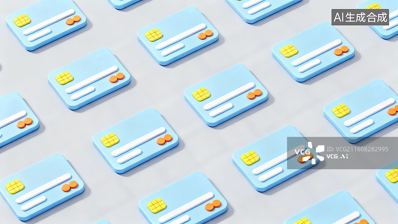 【AI数字艺术】卡通3D立体银行卡信用卡会员卡图标排列装饰元素无缝图案背景，金融投资理财储蓄概念背景图片素材