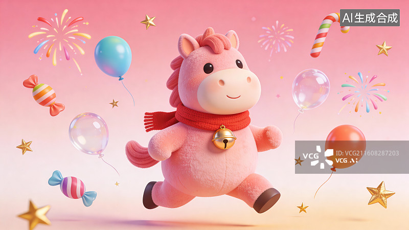 【AI数字艺术】粉色毛绒马节日文创营销视觉素材图片素材