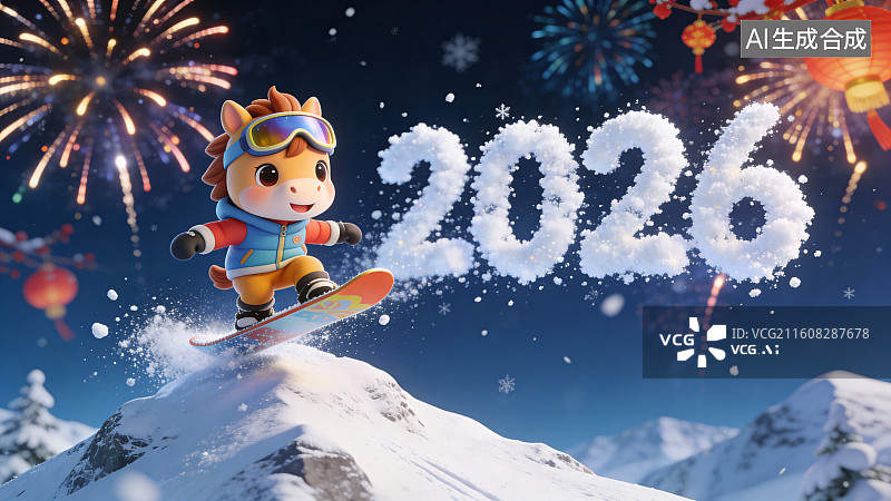【AI数字艺术】2026 马年滑雪烟花春节喜庆图图片素材
