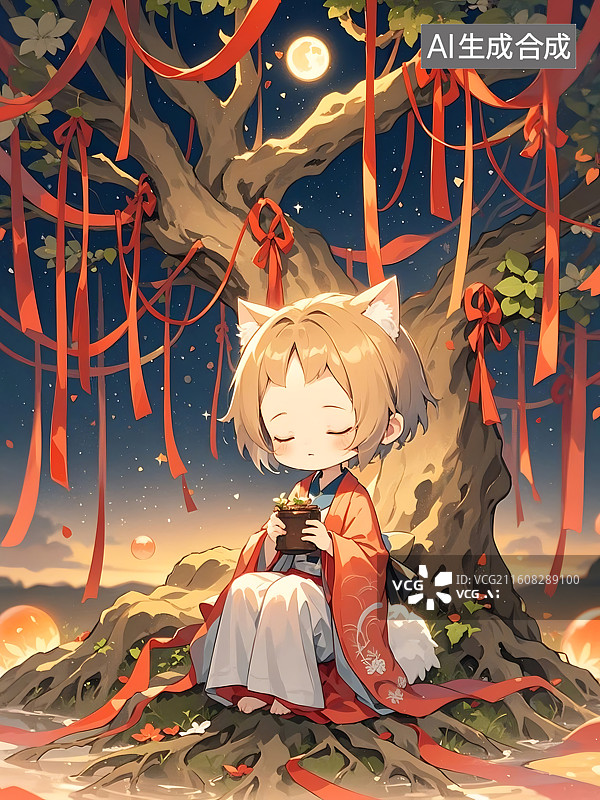 【AI数字艺术】祈愿之夜：少女与红绳，月下沉思图片素材