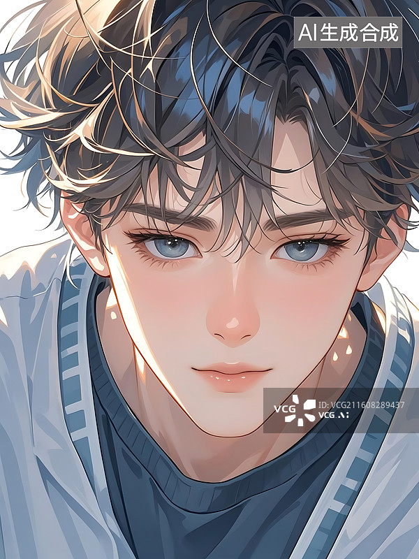 【AI数字艺术】动漫风格的年轻男性头像，眼神温柔，色彩鲜亮图片素材