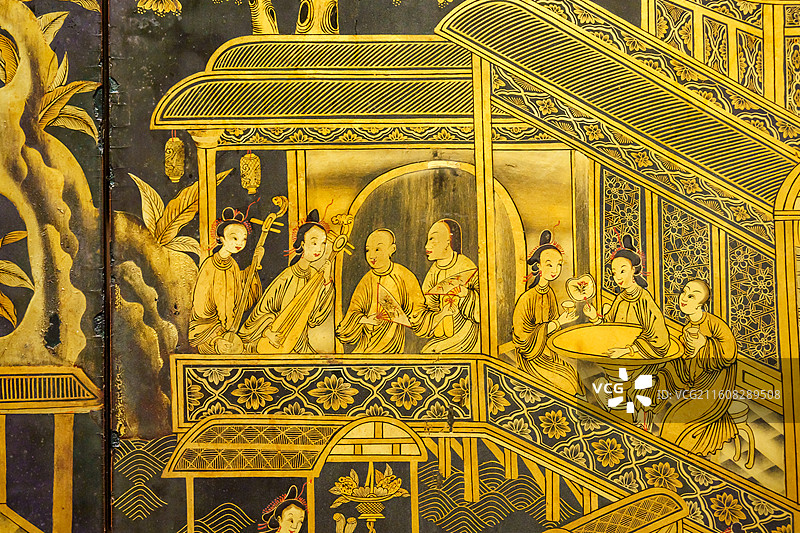 黑漆描金龙舟竞渡图八围屏风图片素材