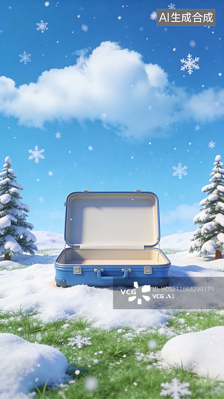 【AI数字艺术】冬季旅行空行李箱圣诞雪景背景素材图片素材