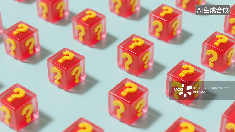 【AI数字艺术】卡通3D立体带有问号"?"红色正方体盒子骰子图标排列装饰元素无缝图案，谜题游戏问答互动抽盲盒活动概念图片素材