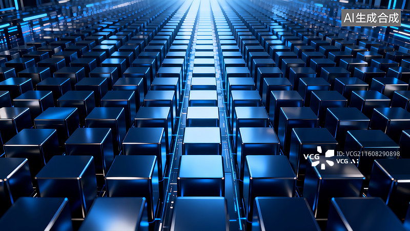 【AI数字艺术】蓝色光效中的整齐方块阵列图片素材