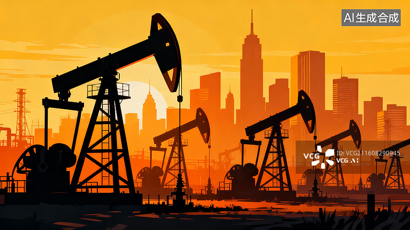 【AI数字艺术】油田抽油机与城市剪影图片素材