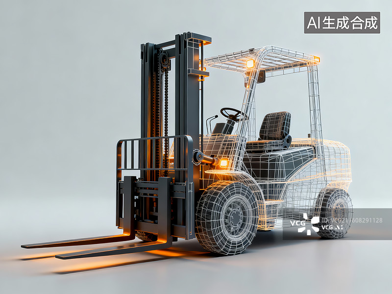 【AI数字艺术】叉车三维线框模型展示图片素材