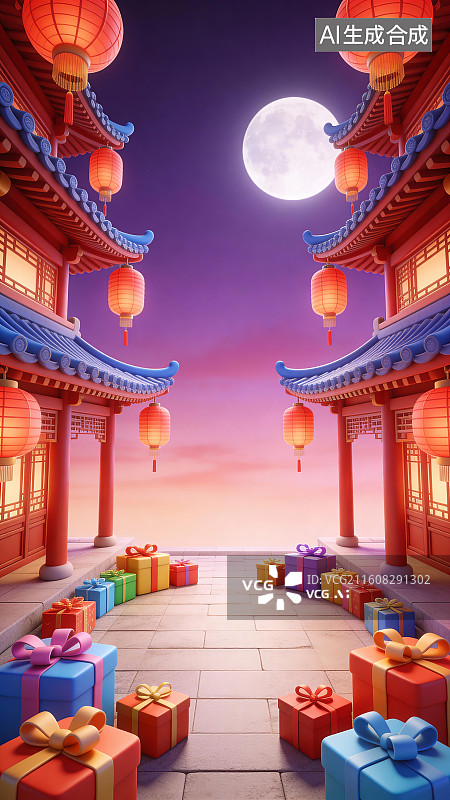 【AI数字艺术】国风古建灯笼满月节庆礼品背景素材图片素材
