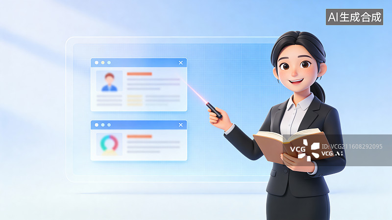 【AI数字艺术】卡通商务女性办公演示透明屏背景素材图片素材