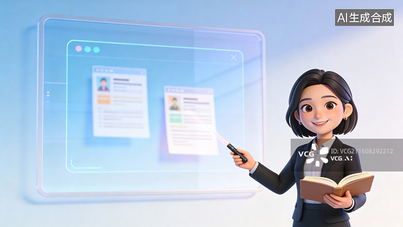 【AI数字艺术】卡通商务女性办公演示透明屏背景素材图片素材