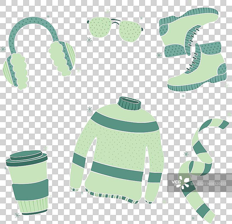 一套手绘的暖和冬季服装图片素材