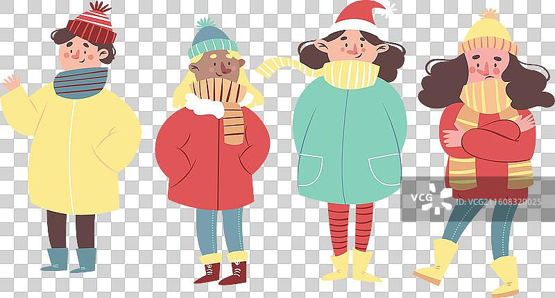 身着冬装的人们，扁平化设计图片素材