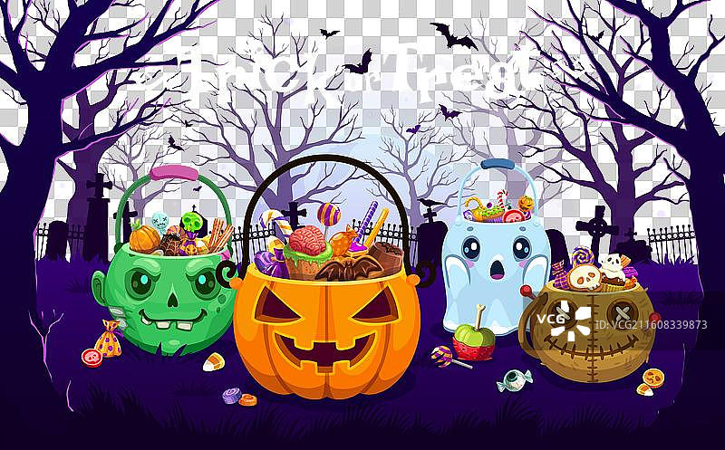 万圣节糖果桶在夜晚的墓地图片素材
