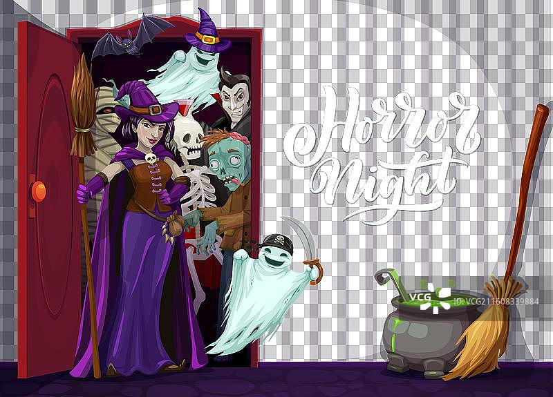 万圣节恐怖角色出现在敞开的门前图片素材