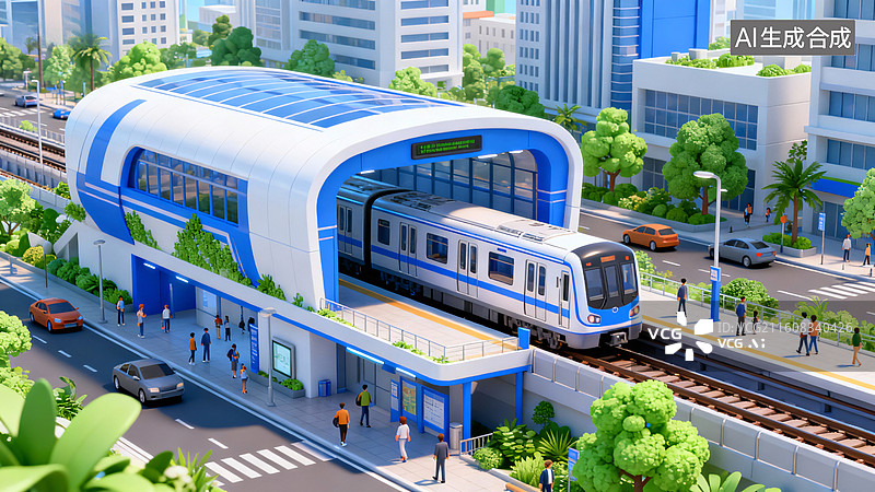 【AI数字艺术】城市轨道交通地铁站口列车进站场景图片素材