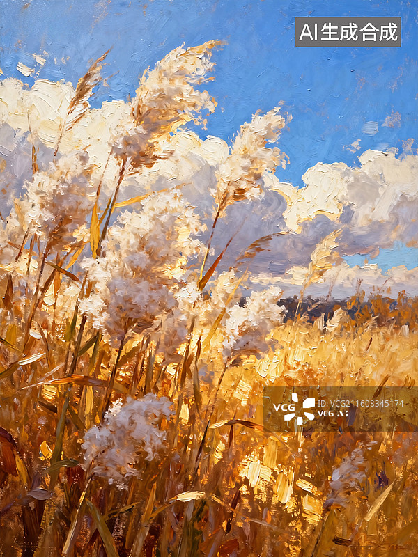 【AI数字艺术】蓝天白云下的秋日芦苇荡风光图片素材