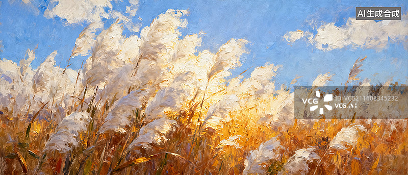 【AI数字艺术】蓝天白云下的秋日芦苇荡风光图片素材