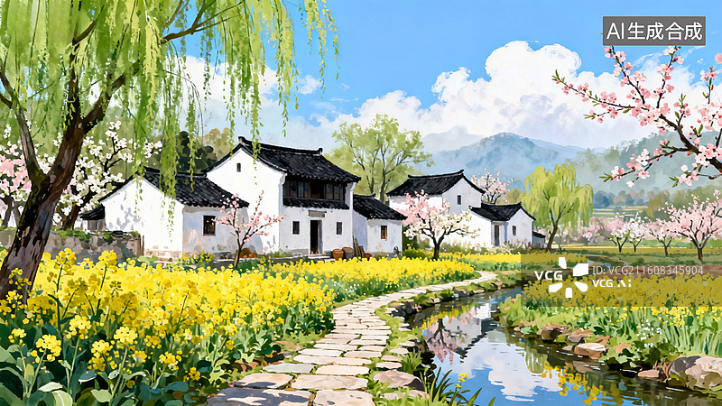 【AI数字艺术】江南古镇春色风景小桥流水油菜花田图片素材