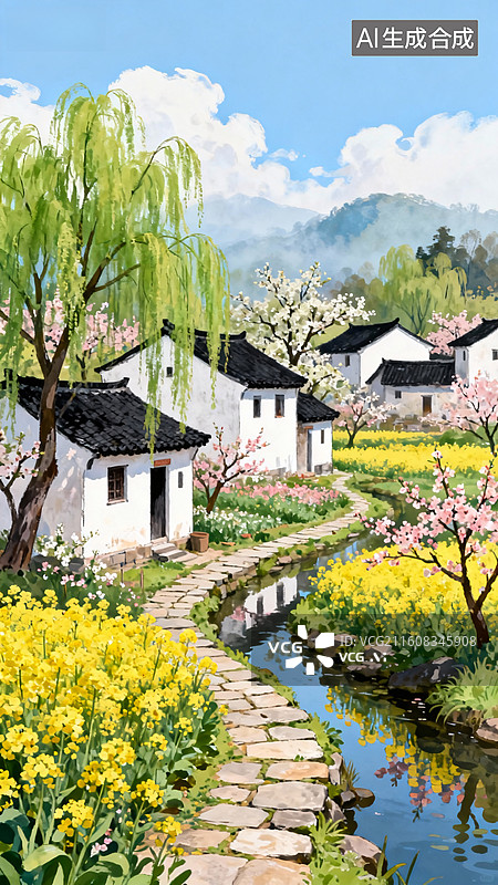 【AI数字艺术】江南古镇春色风景小桥流水油菜花田图片素材