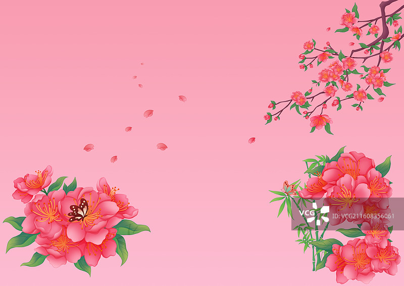 国潮风新中式桃花花簇桃花背景插画图片素材