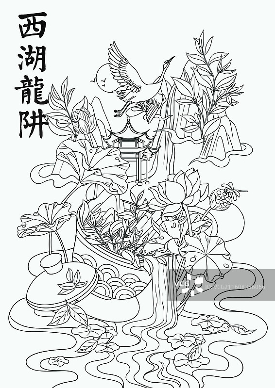 西湖龙井绿茶茶叶国潮风线条插画图片素材