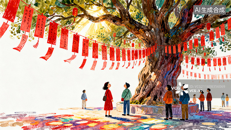 【AI数字艺术】古树下猜灯谜 传统节日中秋元宵春节插画系列图片素材