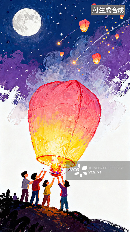 【AI数字艺术】放天灯 孔明灯 传统节日中秋元宵春节插画系列图片素材