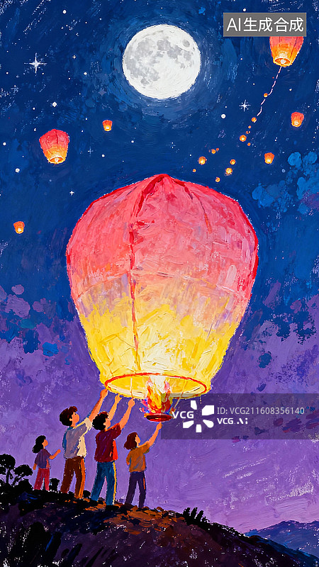 【AI数字艺术】放天灯 孔明灯 传统节日中秋元宵春节插画系列图片素材