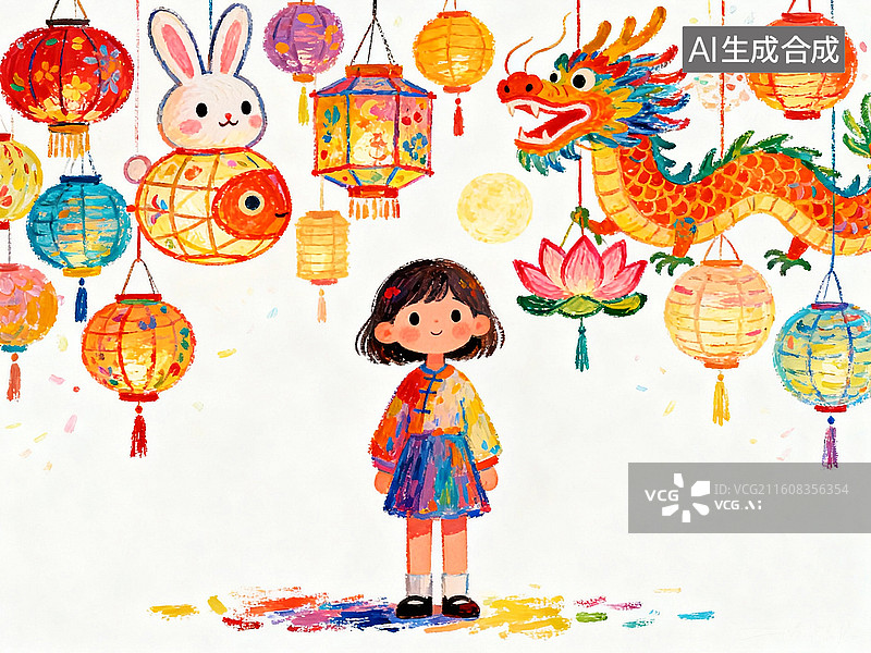 【AI数字艺术】女孩和元宵花灯 传统节日中秋元宵春节插画系列图片素材