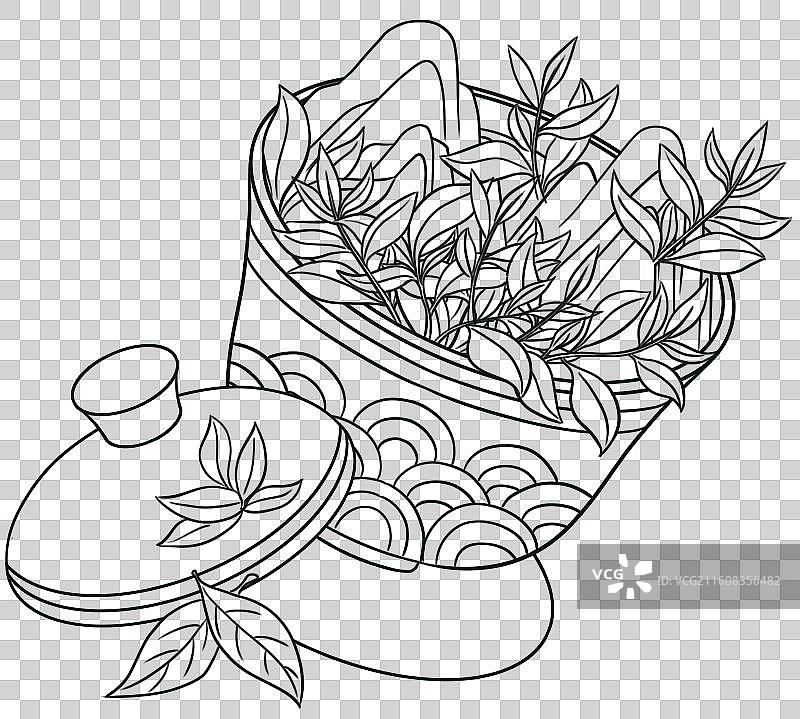绿茶茶杯国潮风线条插画图片素材