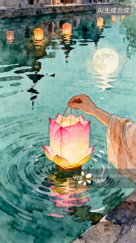 【AI数字艺术】放荷花灯许愿祈福图片素材