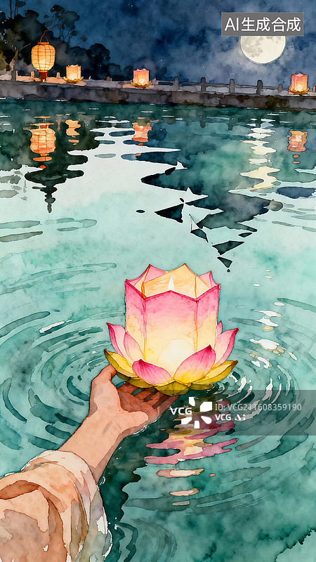 【AI数字艺术】放荷花灯许愿祈福图片素材