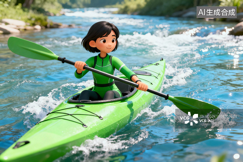 【AI数字艺术】女孩在河流中划绿色皮划艇图片素材