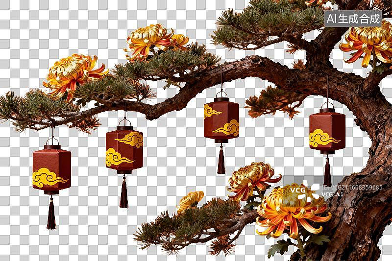 【AI数字艺术】松枝挂灯笼菊花绽放图图片素材