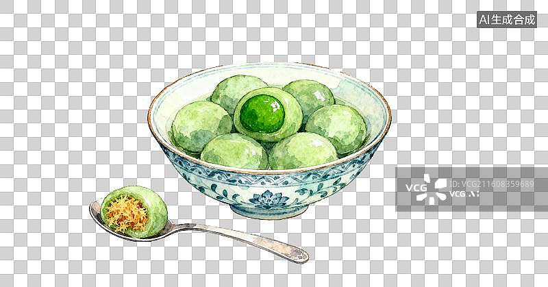 【AI数字艺术】青瓷碗盛绿色汤圆配金丝馅料图片素材