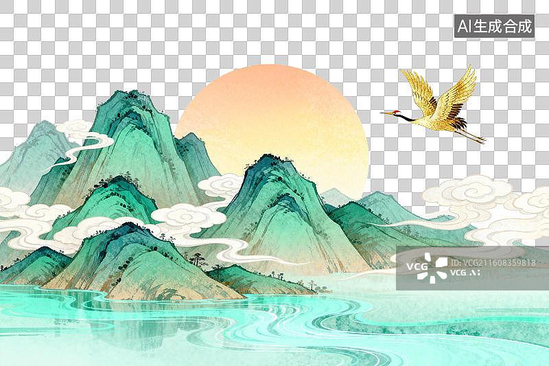 【AI数字艺术】青山绿水间仙鹤飞越夕阳图片素材